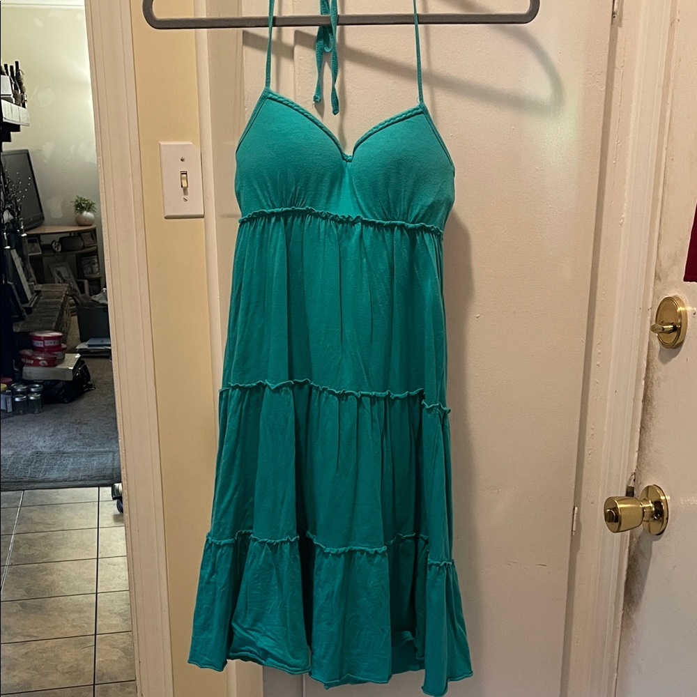 Teal Spaghetti Strap Ties around neck Tiered Sundress
